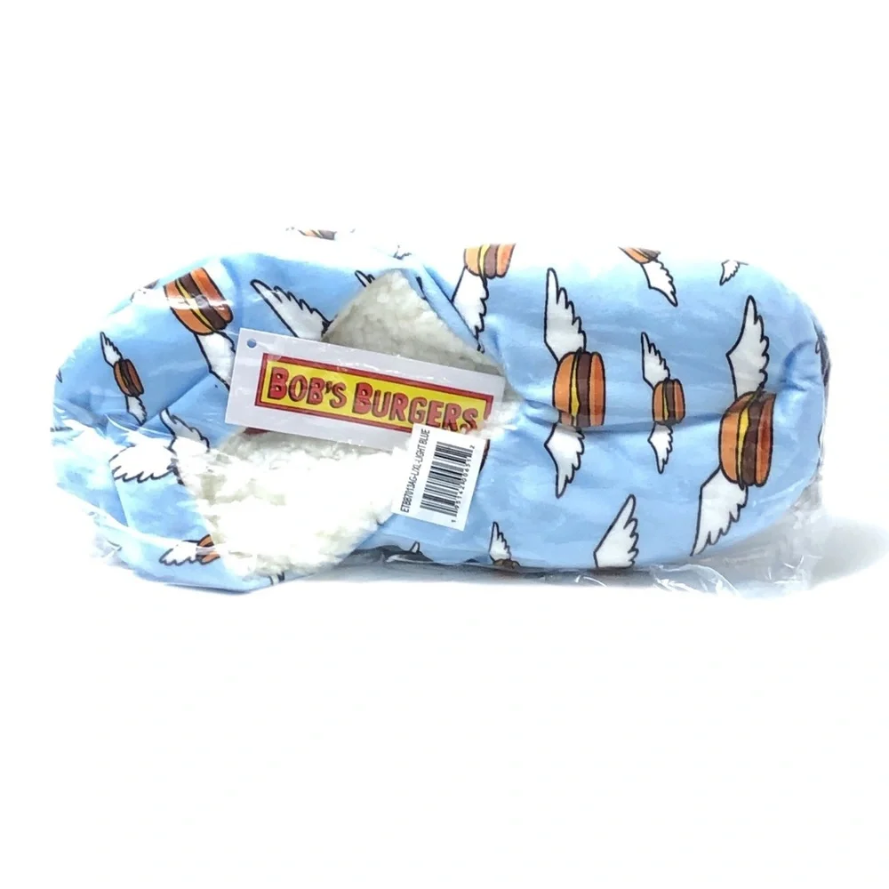 Bob’s Burgers Blue White Sherpa Flying Hamburger Slipper Socks With Traction